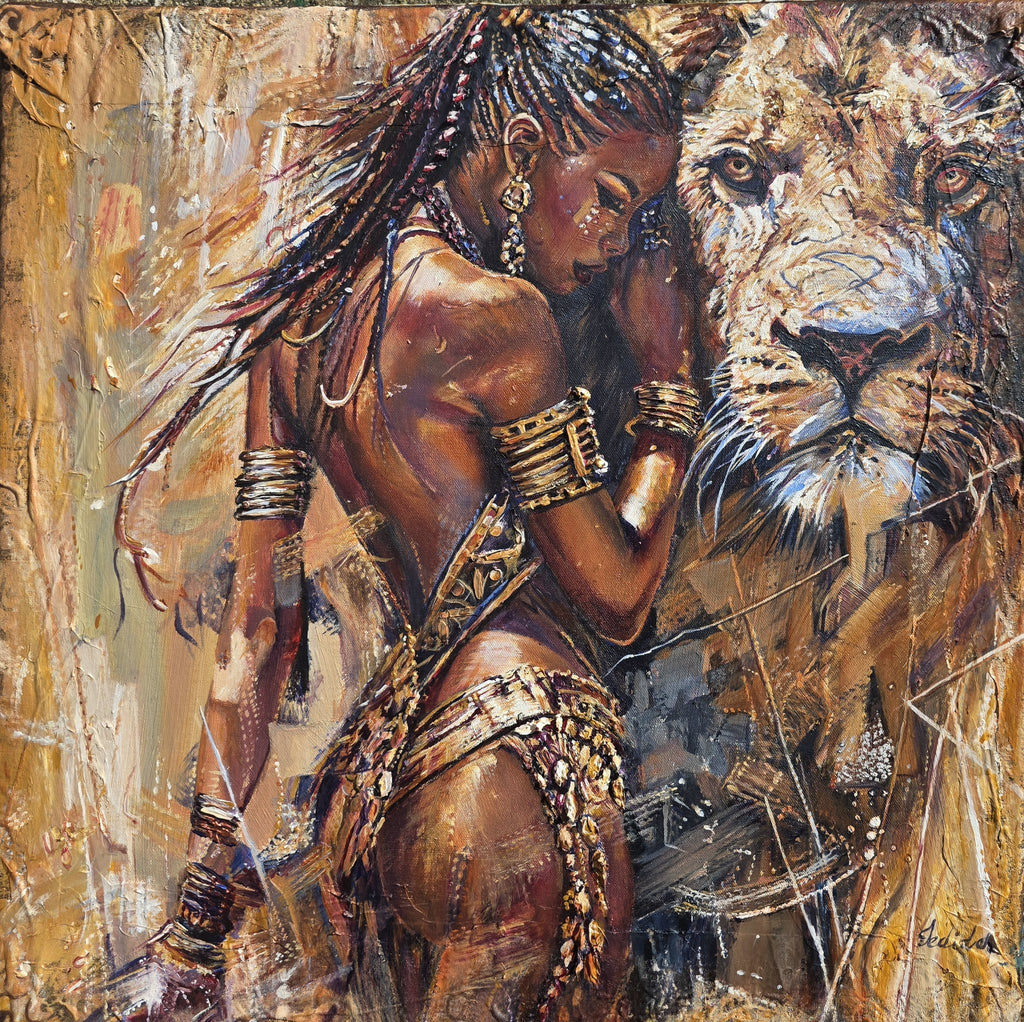 Queen Tsandzile Ndwandwe of Eswatini by Jedidah Chick – original textured painting of an African queen with long braids and gold cuffs, eyes closed, resting her head against a lion