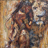 Queen Tsandzile Ndwandwe of Eswatini by Jedidah Chick – original textured painting of an African queen with long braids and gold cuffs, eyes closed, resting her head against a lion