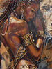 Close-up of Queen Tsandzile's face, gold earrings and raised gold arm cuffs as she leans into the lion – African queen painting by Jedidah Chick