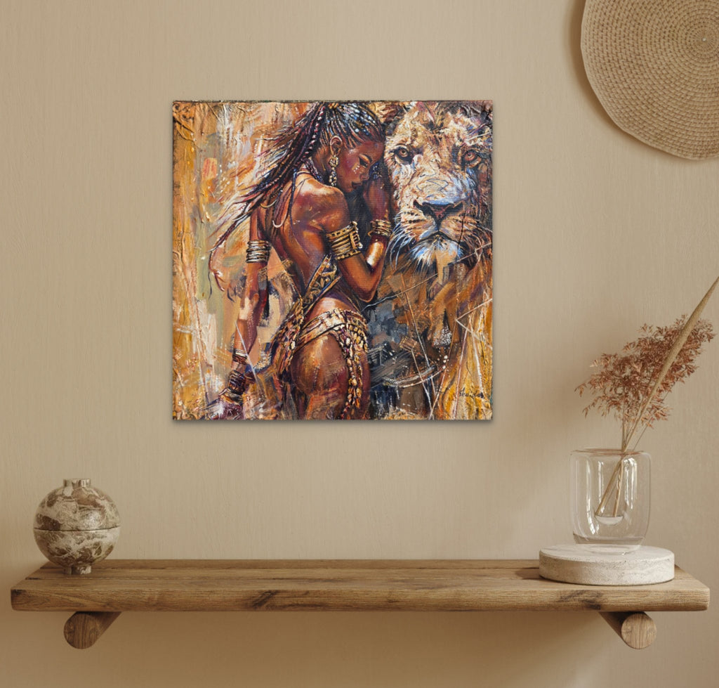 Queen Tsandzile Ndwandwe lion painting on a beige wall above a floating wooden shelf with dried flowers