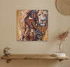 Queen Tsandzile Ndwandwe lion painting on a beige wall above a floating wooden shelf with dried flowers