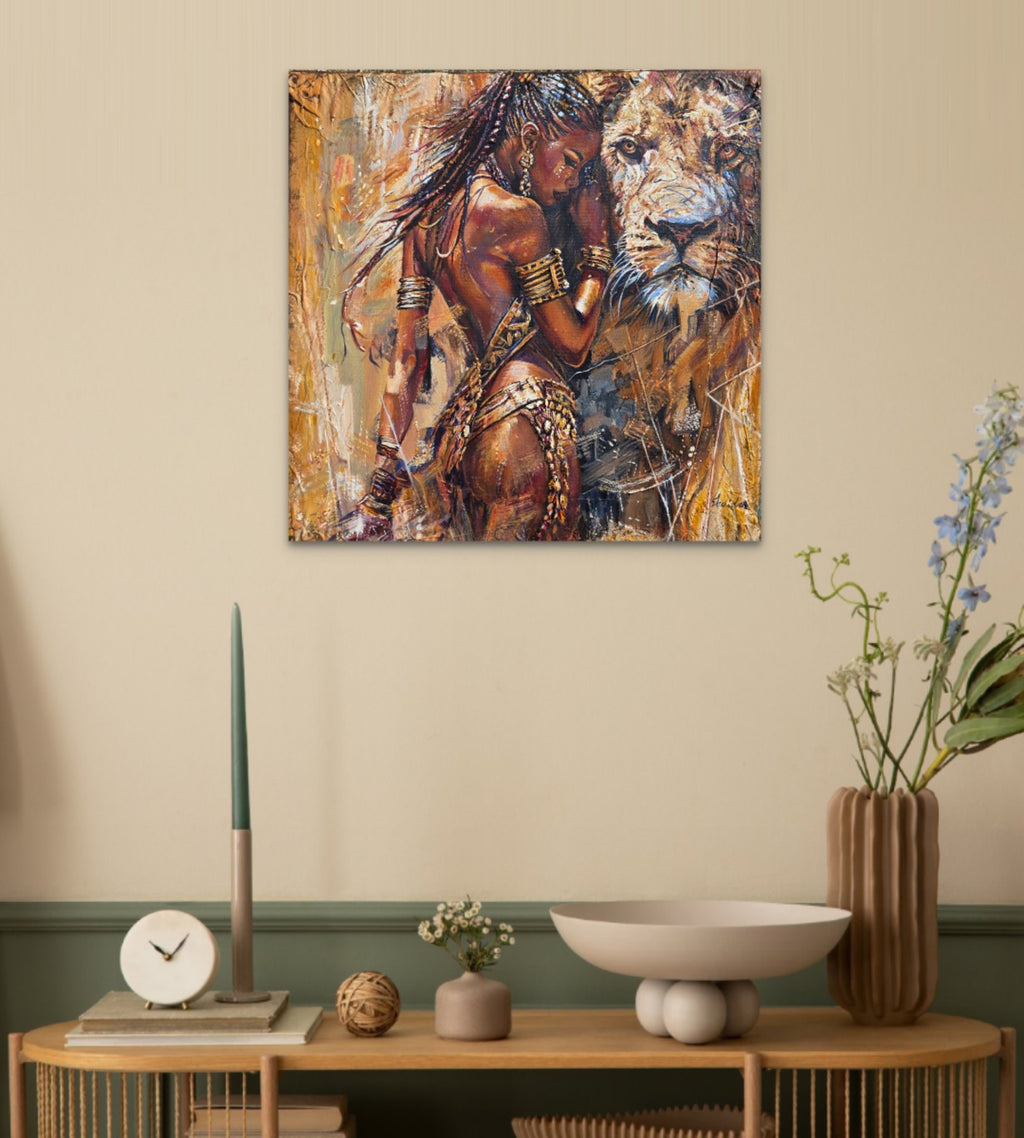 Queen Tsandzile Ndwandwe lion painting in a living room above a curved wooden sideboard with a clock and ceramics