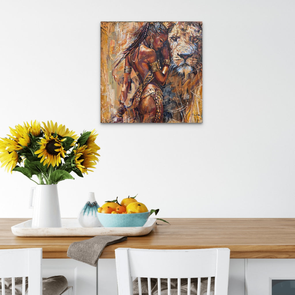 Queen Tsandzile Ndwandwe lion painting above a dining table with sunflowers and a bowl of oranges