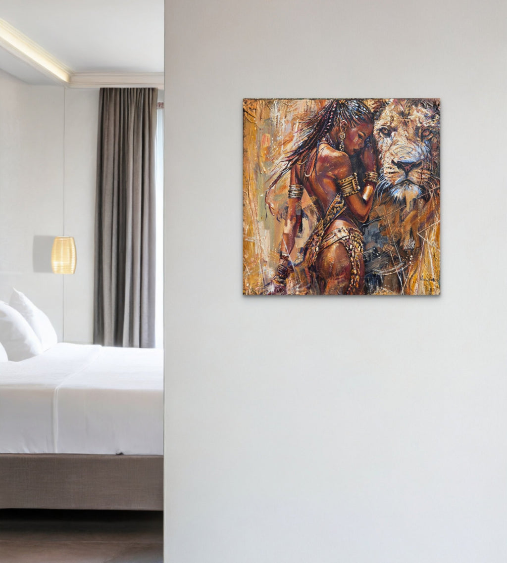 Queen Tsandzile Ndwandwe lion painting on a white wall beside a bedroom doorway