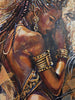Detail of Queen Tsandzile leaning her cheek against the lion, with braids, gold earrings and stacked gold cuffs