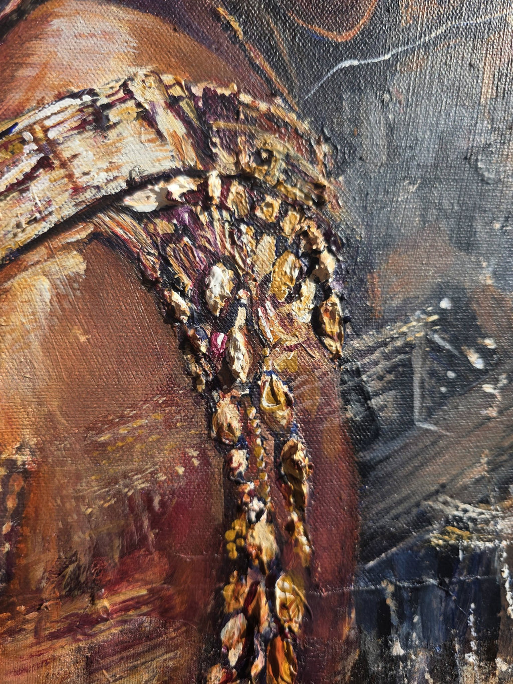 Detail of the raised beaded belt and textured gold beadwork on the Queen Tsandzile painting