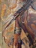 Detail of Queen Tsandzile's long braids and gold bracelets, with expressive palette knife texture