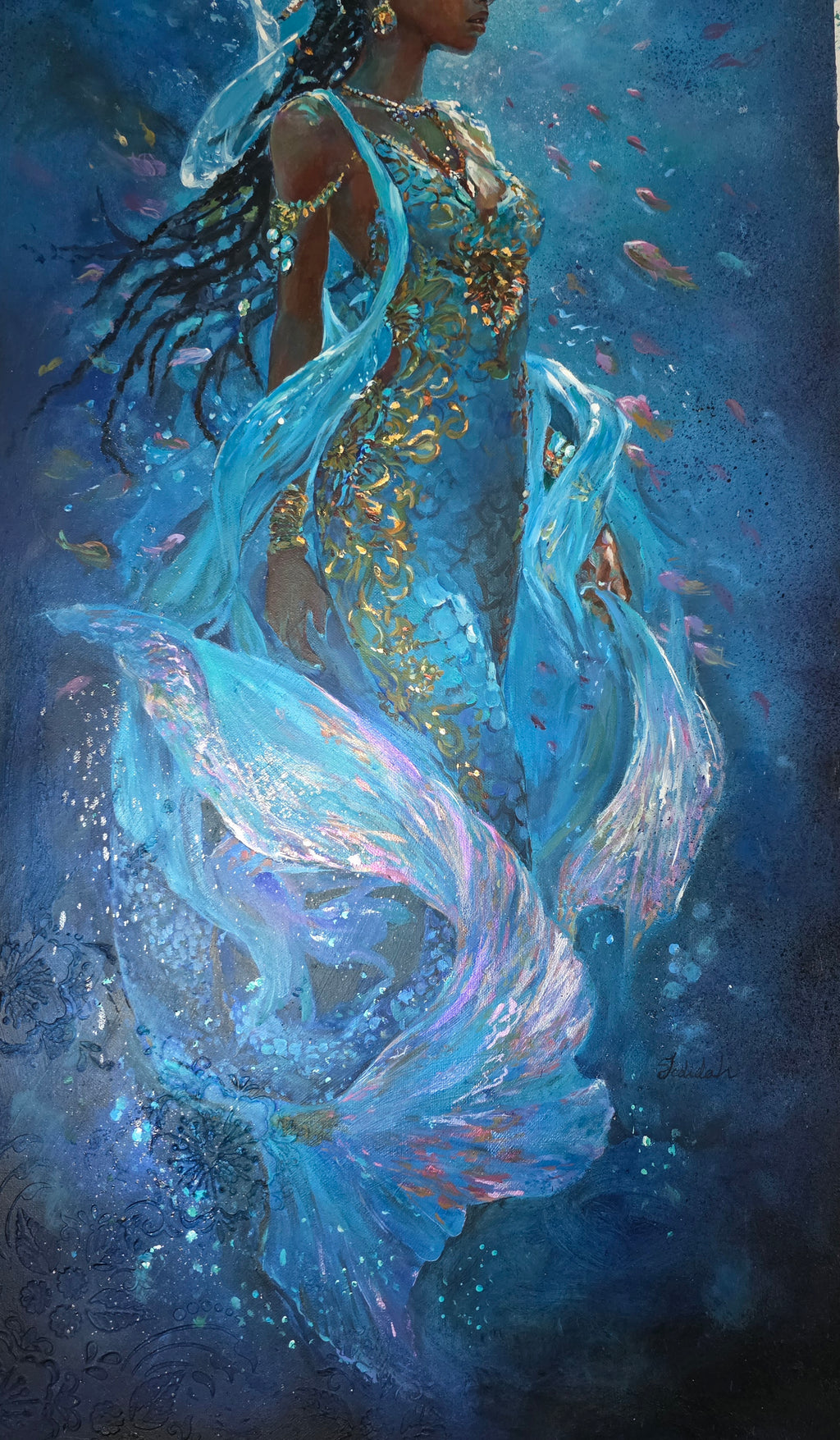 Mermaid art, underwater painting, textured art, African art work, inspired by  Swahlli showing a glowing tail.