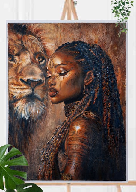 Queen Monase, Black History month art, afro art, lion face painting