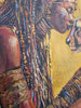 Jedidah Chick close up painting of Queen Ranvavalonna II of Merina aka Madagascar.    Shows a textured surface with gold and brown tones and metallic gold beads in her hair.