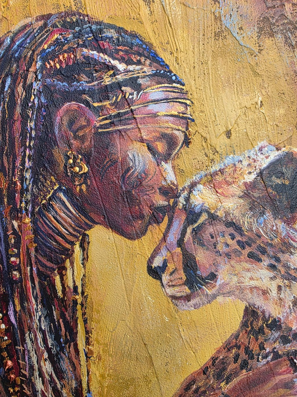Jedidah Chick close-up of a textured african history  textured painting with a  textured surface with earthy tones and a focus on color and texture.