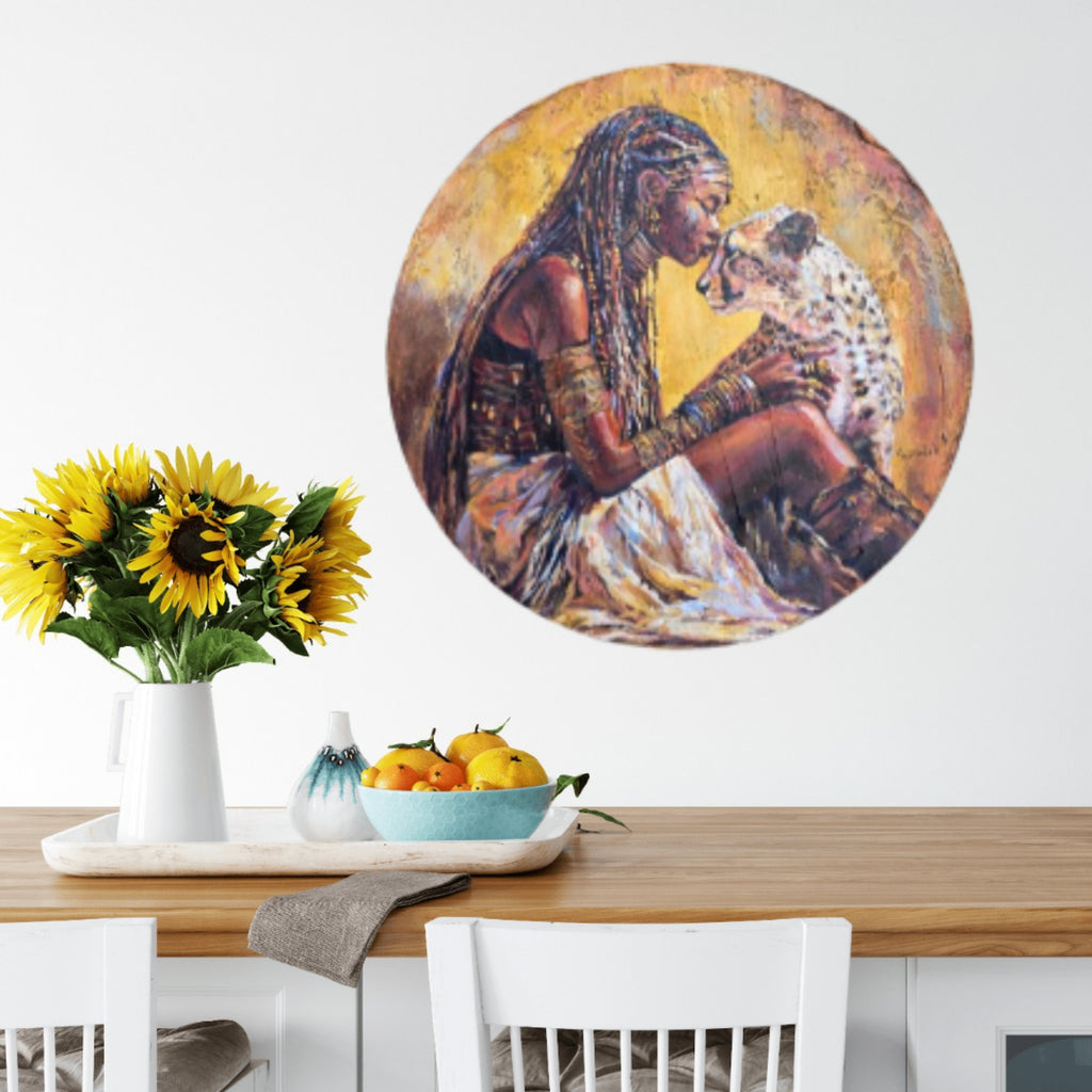 Jedidah Chck painting of Queen Ranvavalonna II of Merina aka Madagascar.    She is in tribal attire holding a cheetah, with warm colors and detailed textures  The painting is in a dining room with sunflowers, and fruit on a table.