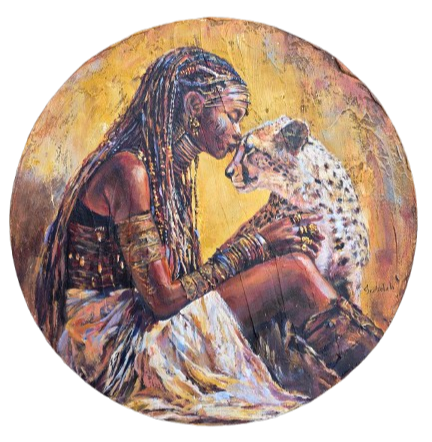 Jedidah Chick painting of Queen Ranvavalonna II of Merina aka Madagascar.    She is in tribal attire holding a cheetah, with warm colors and detailed textures.