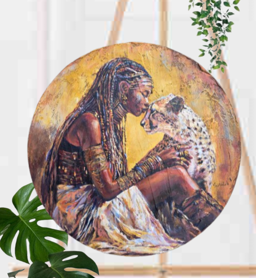 Jedidah Chick painting of Queen Ranvavalonna II of Merina aka Madagascar.    She is in tribal attire holding a cheetah, with warm colors and detailed textures. 