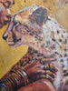 Jedidah Chick close-up of a painting of Queen Ranvavalonna II of Merina aka Madagascar.     It shows her hand holding a cheetah with a textured background