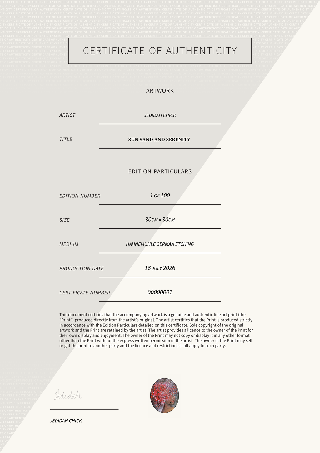 Sun sand and Serenity  — Certificate of Authenticity