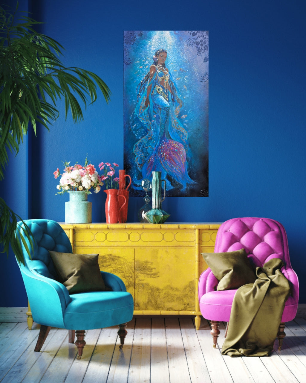 Colorful living room with a blue armchair, pink chair, yellow cabinet, and a on the wall hangs mermaid art, underwater painting, African Queen Mwana Kupona of Kenya., textured art, African artwork.