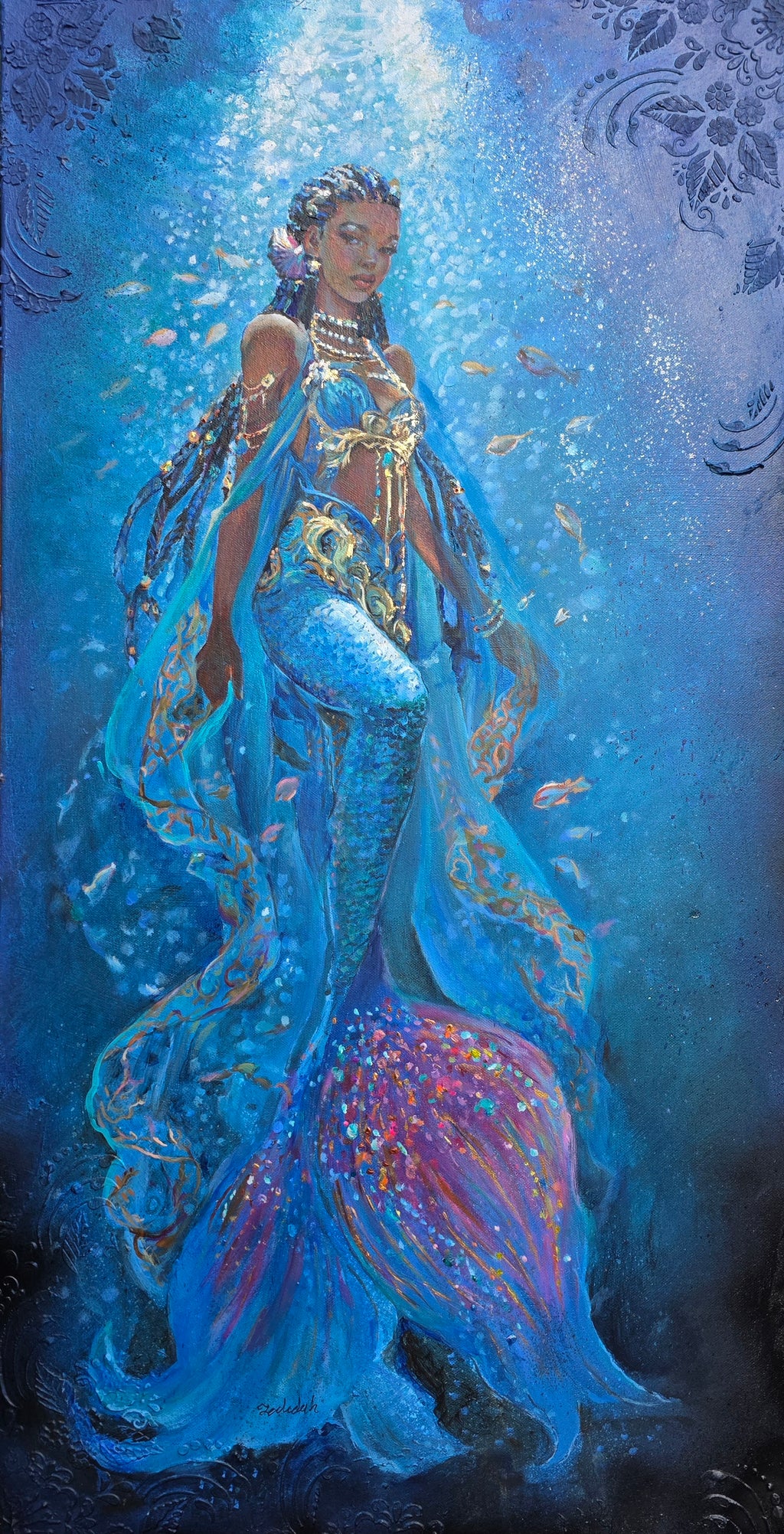 Mermaid art, underwater painting, African Queen Mwana Kupona of Kenya., textured art, African artwork.