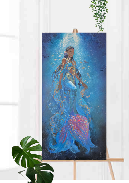 Mermaid art, underwater painting, African Queen Mwana Kupona of Kenya., textured art, African artwork on an easel.