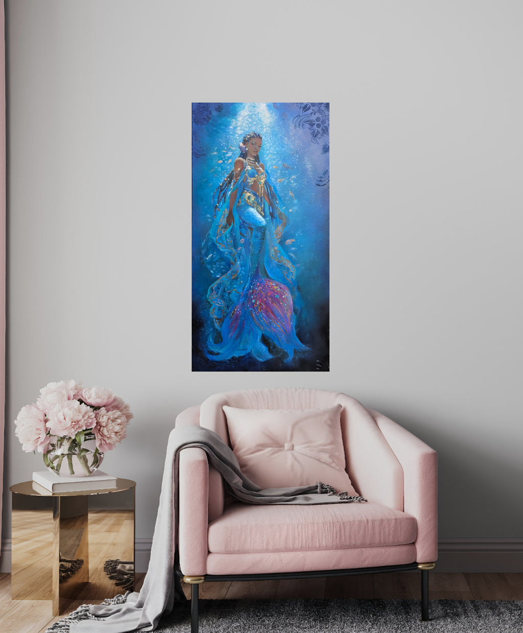 Mermaid art, underwater painting, African Queen Mwana Kupona of Kenya., textured art, African artwork hanging on a wall above a pink sofa and pink flowers on a table.