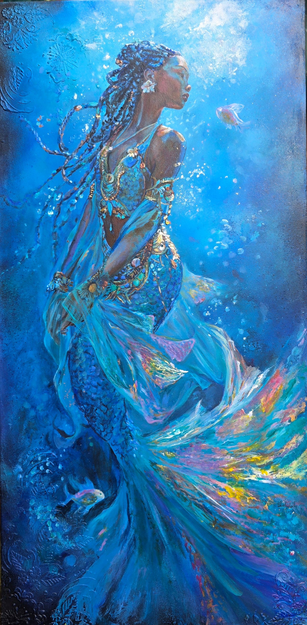 Mermaid art, underwater painting, African Queen Mwana Tau of Kenya., textured art, African artwork.