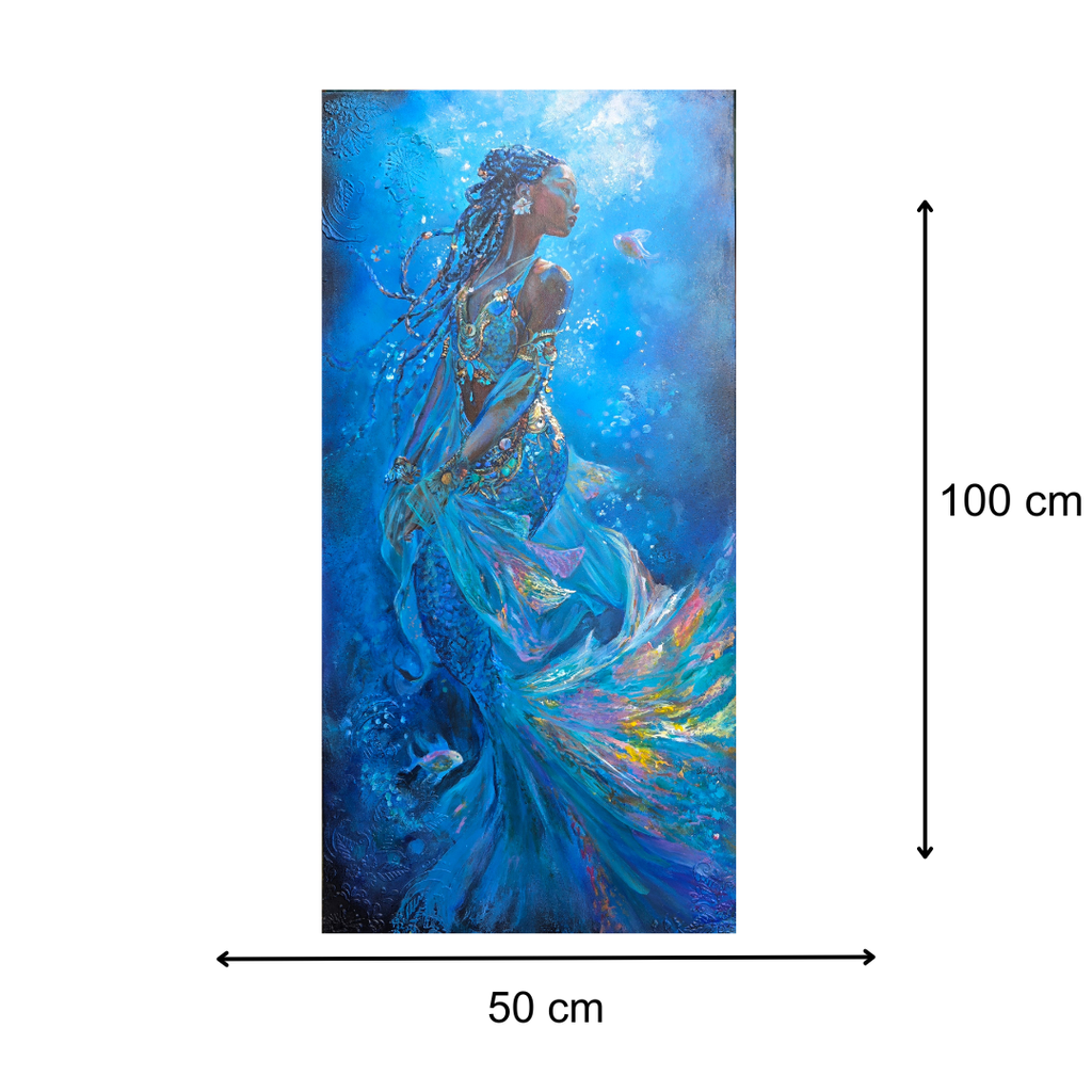 Mermaid art underwater painting, African Queen Mwana Tau of Kenya, textured art, African artwork with the dimensions indicated as 100 x 50 cm.