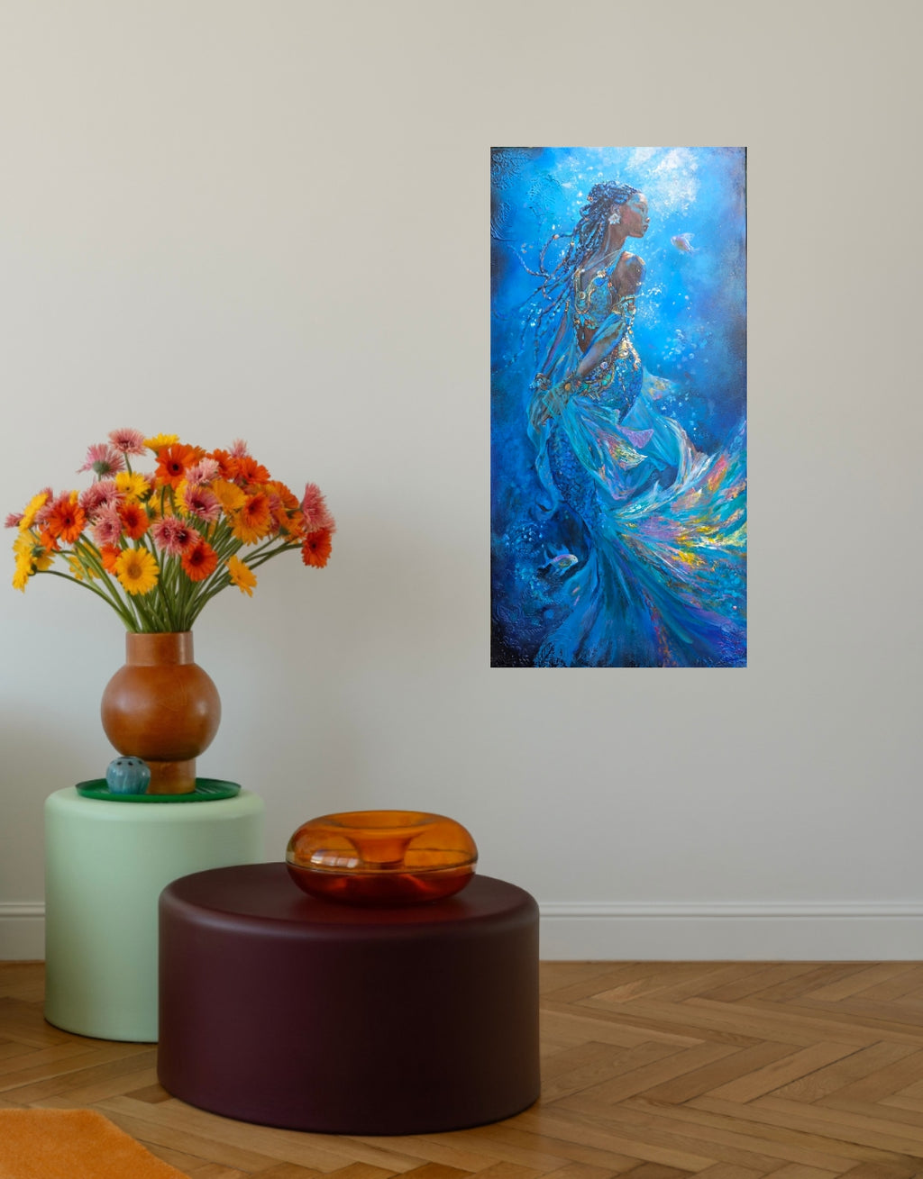 Room interior with a vase of flowers, a round table, and hanging on the wall is mermaid art underwater painting, African Queen Mwana Tau of Kenya, textured art, African artwork.