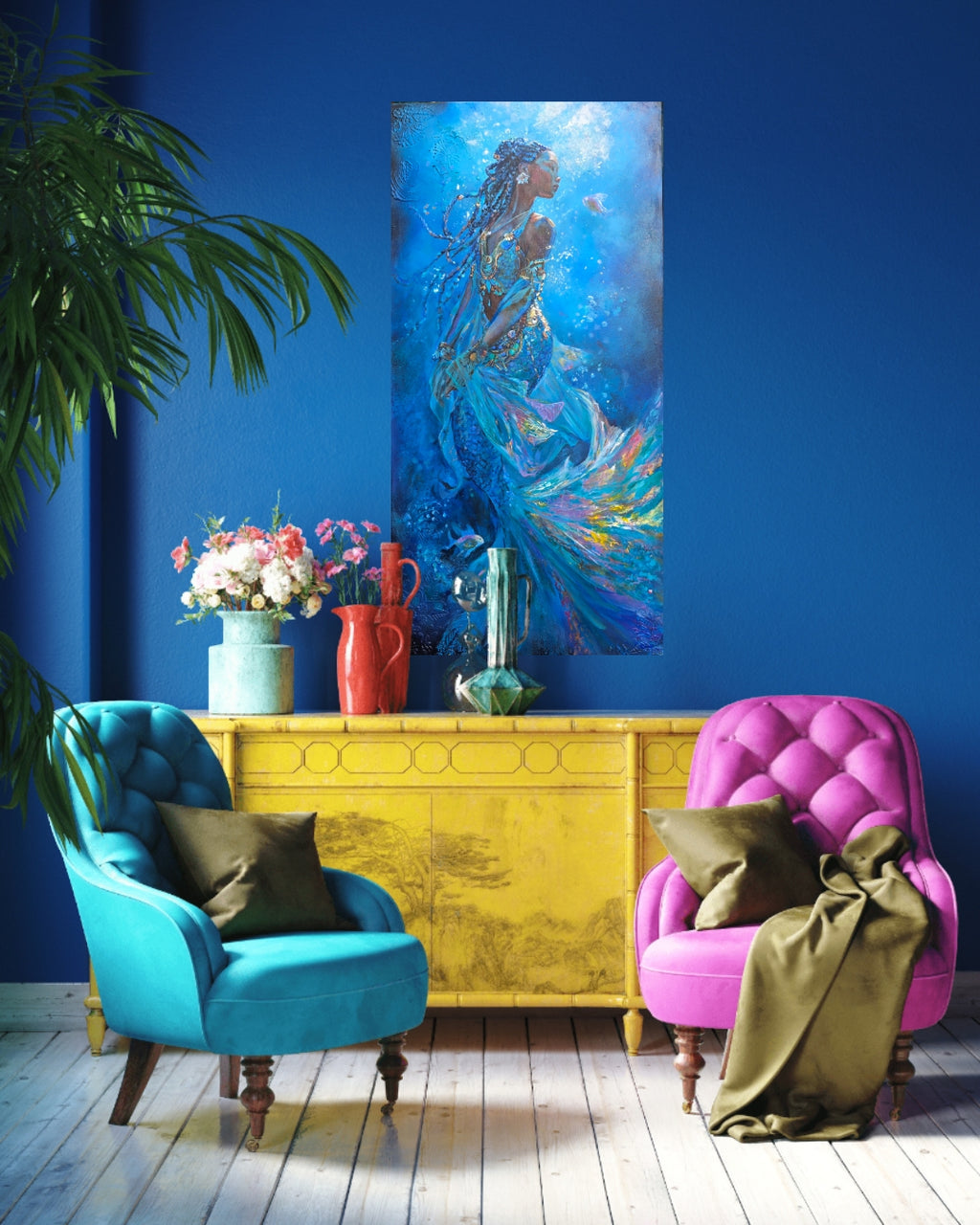 Colorful living room with a blue armchair, pink sofa, yellow cabinet, and on  the blue wall, mermaid art, underwater painting, African Queen Mwana Tau of Kenya, textured art, African artwork.