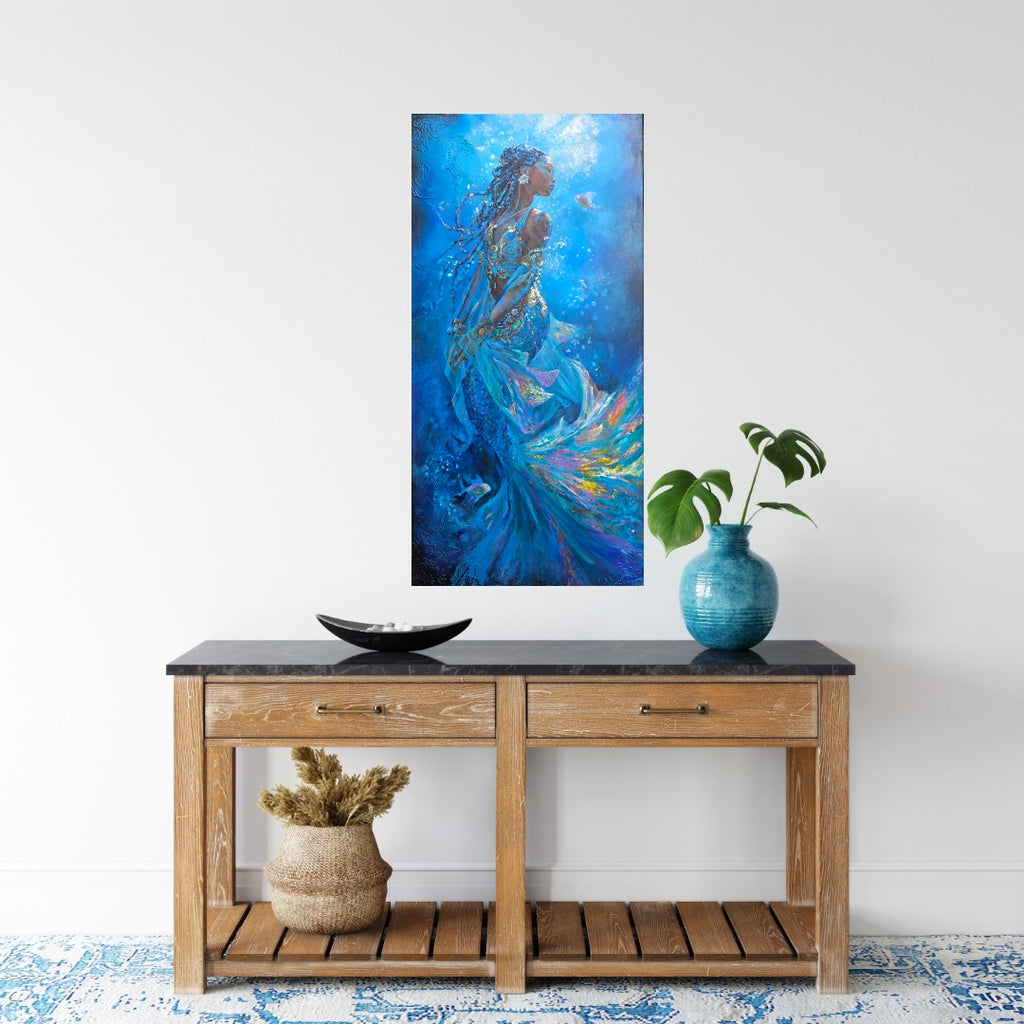 Decorative interior setting with a wooden console table, blue vase, and mermaid art underwater painting, African Queen Mwana Tau of Kenya, textured art, Africanartwork