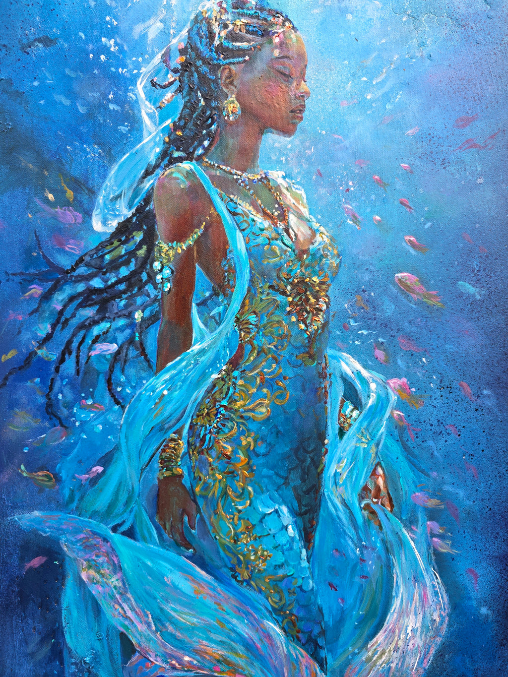 Mermaid art, underwater painting, African Queen Rasi ya Mwana of Kenya, textured art, African artwork  