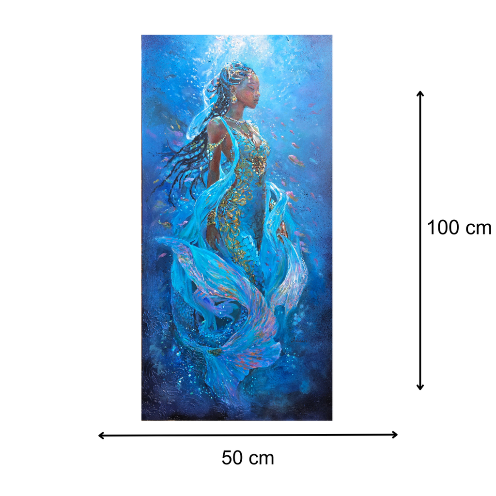 Mermaid art, underwater painting, African Queen Rasi ya Mwana of Kenya, textured art, African artwork  with measurements indicated as 100 x 50 cm.