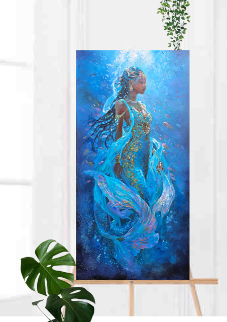 Mermaid art, underwater painting, African Queen Rasi ya Mwana of Kenya, textured art, African artwork on an easel.
