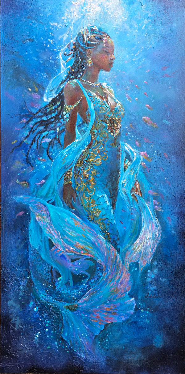 Mermaid art, underwater painting, African Queen Rasi ya Mwana of Kenya. textured art, Africanartwork.