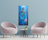 Mermaid art, underwater painting, African Queen Rasi ya Mwana of Kenya. textured art, African artwork displayed on a wall above two pink chairs in a room.