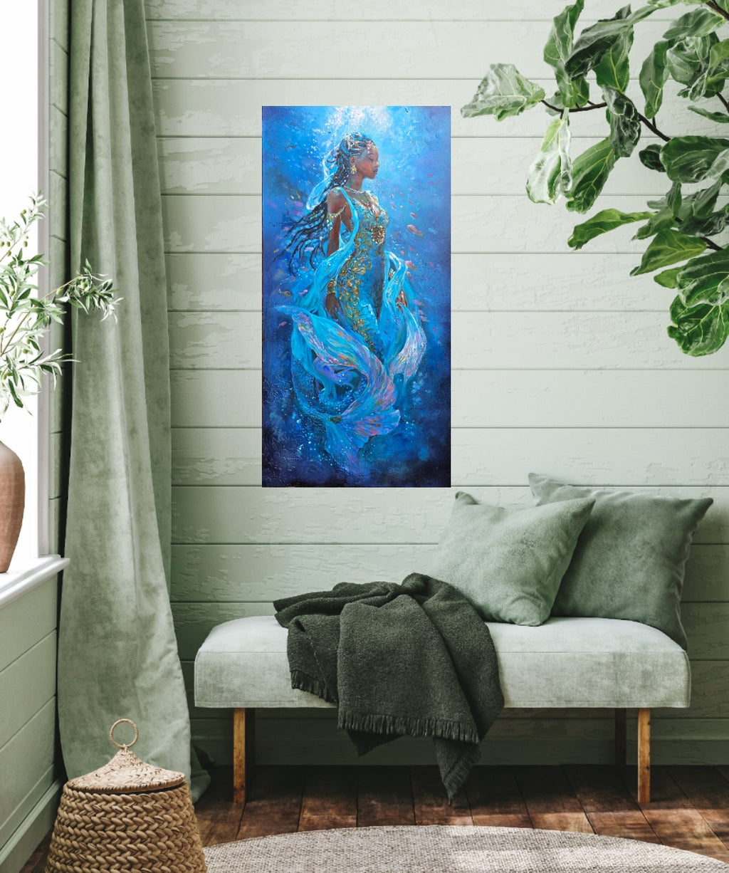 Room interior with mermaid art, underwater painting, African Queen Rasi ya Mwana of Kenya. textured art, African artwork on the wall above, a bench with green cushions, and plants.