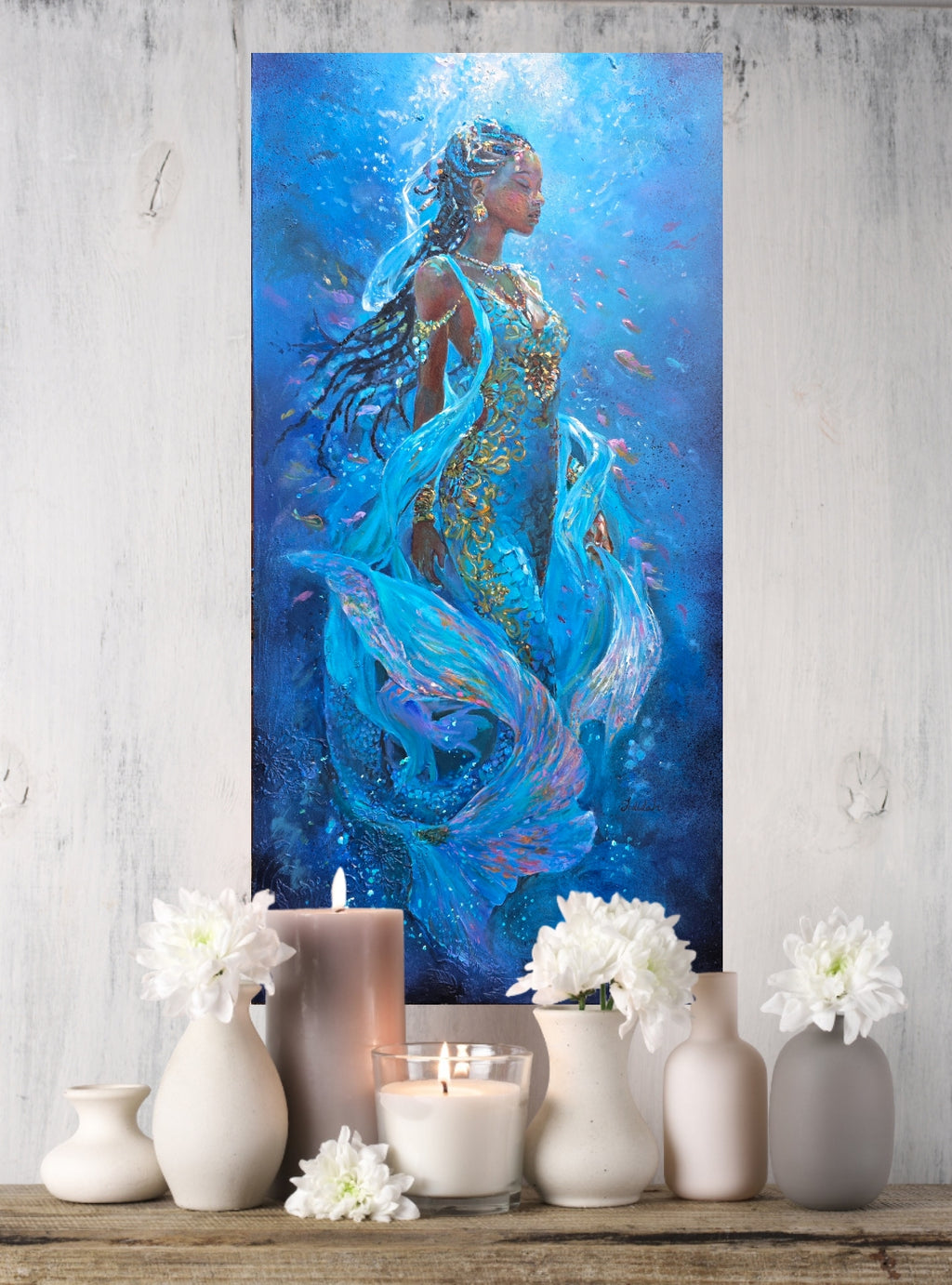 Mermaid art, underwater painting, African Queen Rasi ya Mwana of Kenya, textured art, African artwork  with a candle and flowers on a wooden surface.
