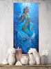 Mermaid art, underwater painting, African Queen Rasi ya Mwana of Kenya, textured art, African artwork  with a candle and flowers on a wooden surface.