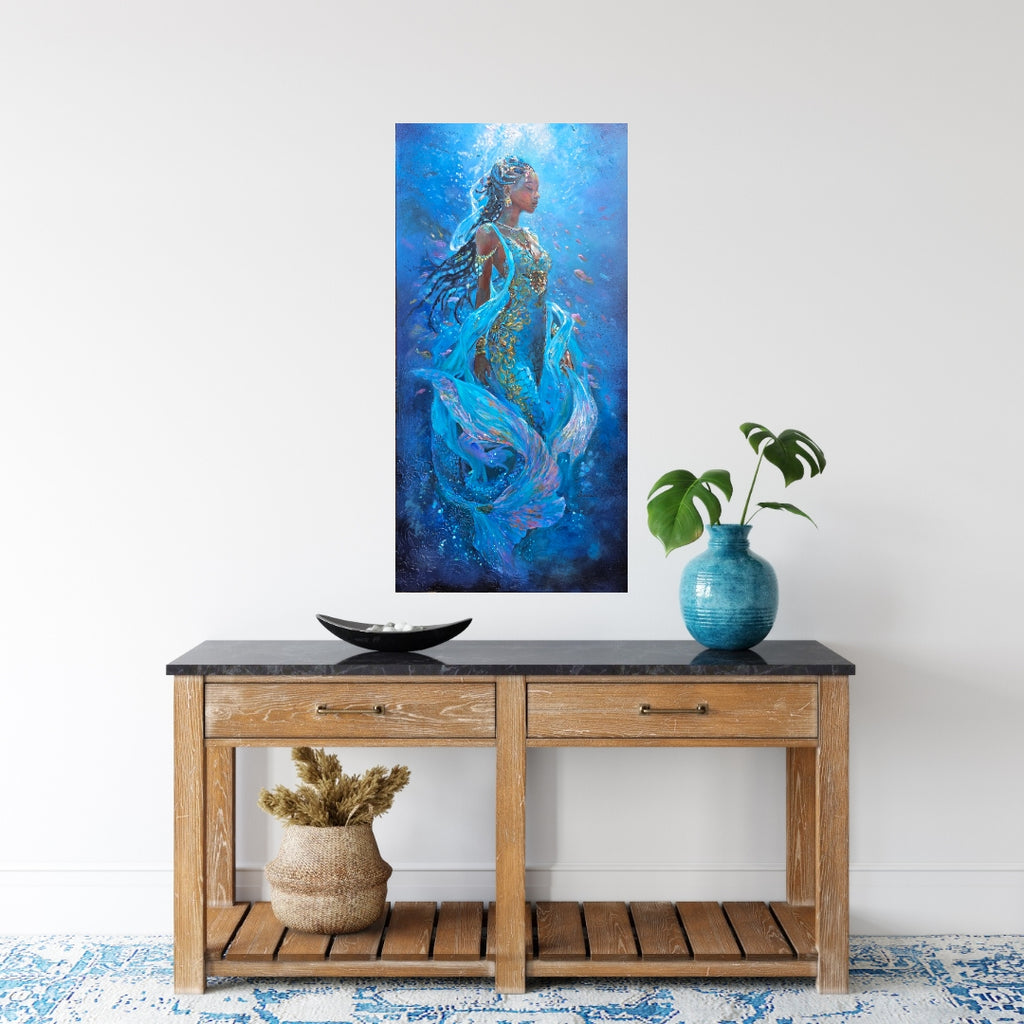 Mermaid art, underwater painting, African Queen Rasi ya Mwana of Kenya, textured art, African artwork  hung on a wall above a wooden console table with decorative items.