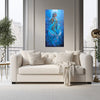 Mermaid art, underwater painting, African Queen Rasi ya Mwana of Kenya, textured art, African artwork  hung on a wall above a beige sofa in a modern living room.