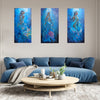 A 3-piece collection of mermaid art, underwater painting, textured art, African art work, inspired by  Swahlli history hung over a sofa in a modern living room setting.