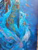 Jedidah Chiick close up of underewater painting, black mermaid art, artwork with swirling blue and pink fish on a dark background