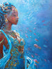 Jedidah Chick mermaid painting close up inspired by Rasi ya Mwana of the Swahili coast surrounded by water with fish 