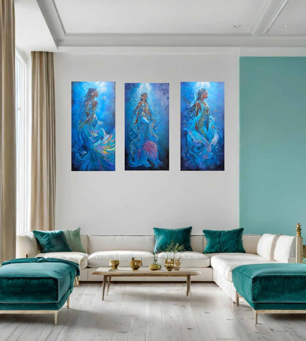 A 3-piece collection of mermaid art, underwater painting, textured art, African art work, inspired by  Swahlli history hung over a sofa in a modern living room setting.