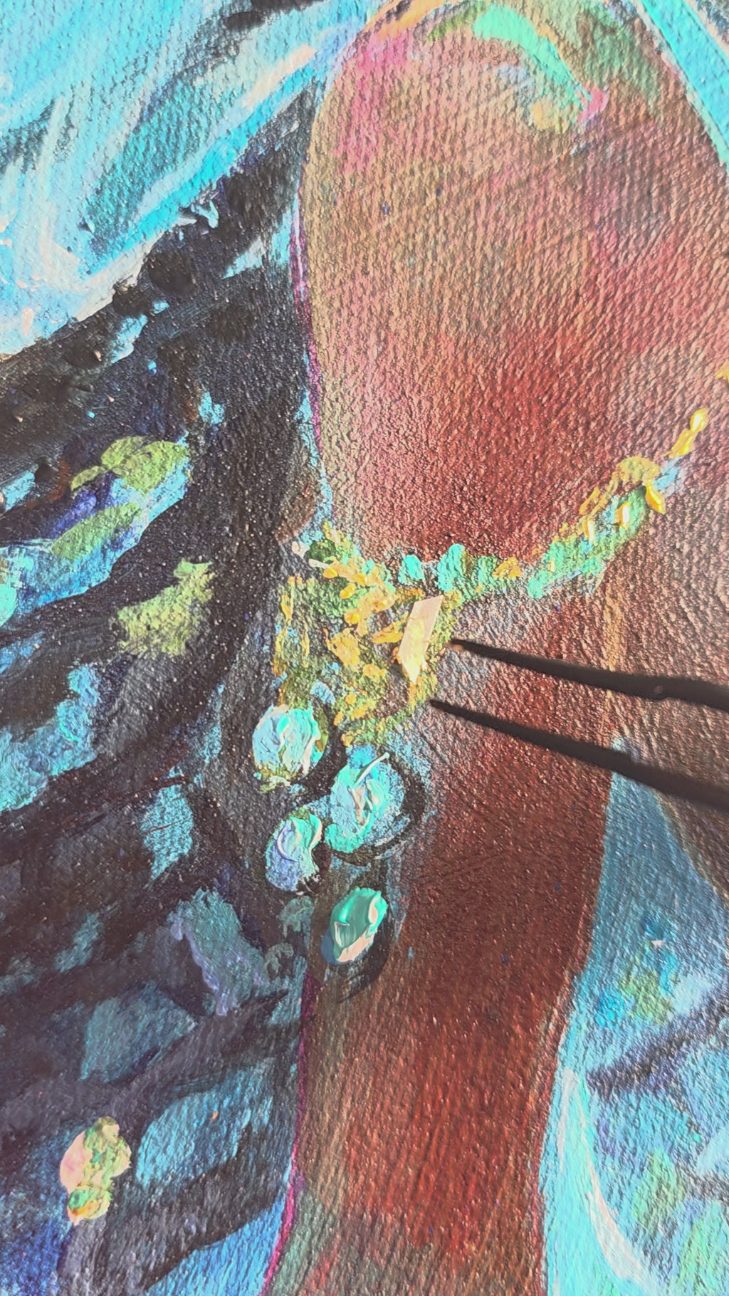 Close up video of mermaid art underwater painting, African Queen warrior queens 
of Kenya, textured art, African artwork.