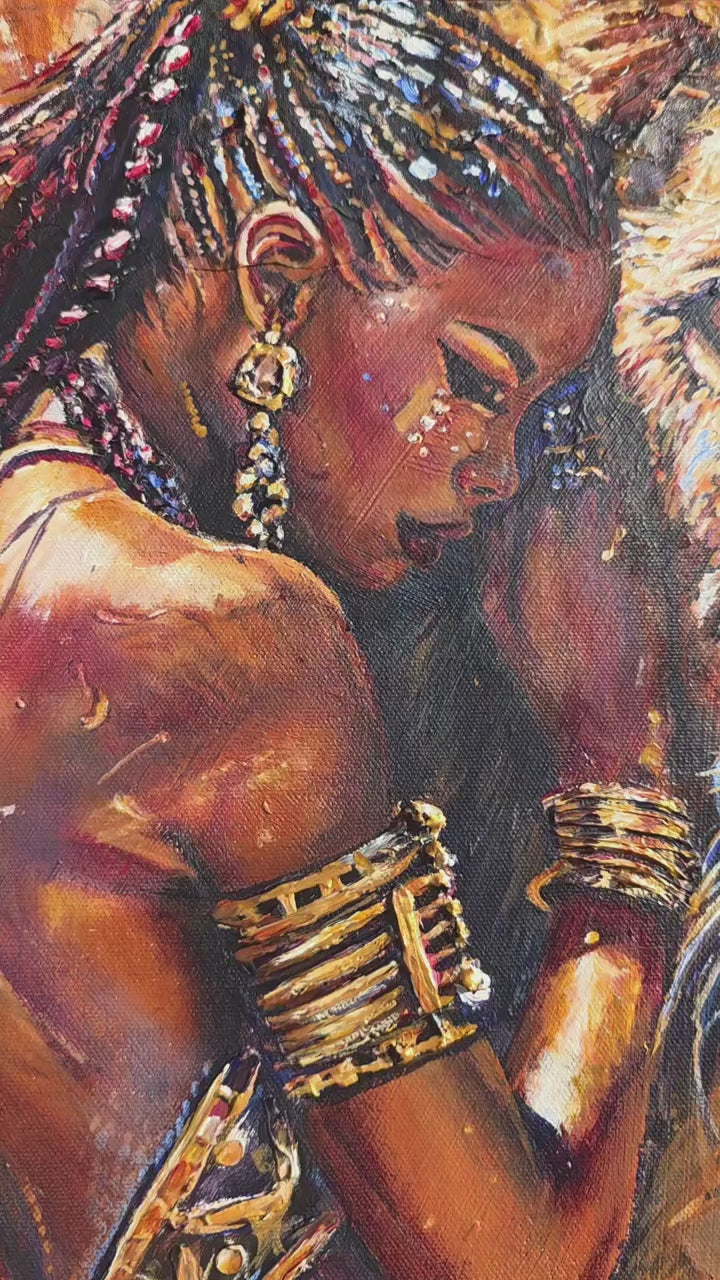 Close-up video of the Queen Tsandzile Ndwandwe lion painting in sunlight, showing the texture, gold details and fabric edge