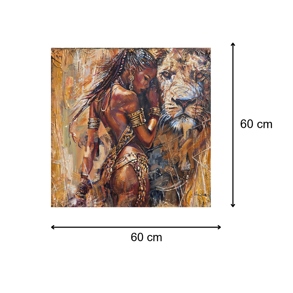 Queen Tsandzile Ndwandwe lion painting by Jedidah Chick – size guide showing 60 x 60 cm