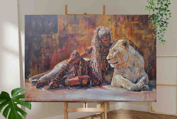 Painting of queen zaria from Zazzau, a historical  African queen.   Textured art, wildlife art.   She  is painted on a large canvas with a white lion.