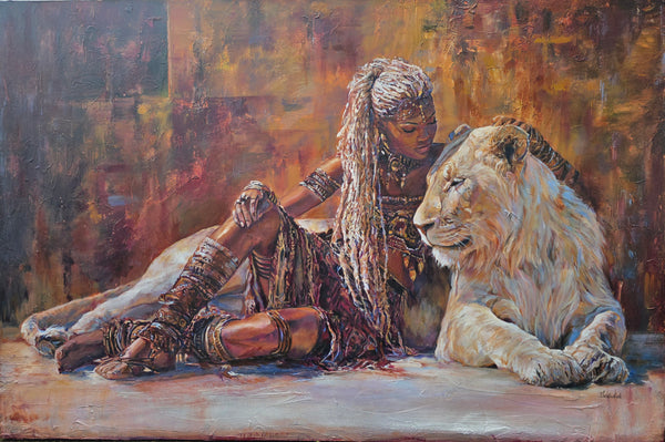Painting of queen zaria from Zazzau, a historical  African queen.   Textured art, wildlife art.   She  is painted on a large canvas with a white lion.