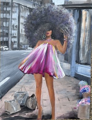 A beautiful city scene of a black girl with an big afro and shopping bags stood by a road having been shopping. She has a swing dress and gorgeous legs.