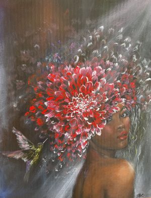 A portrait painting of a black girl wearing a bright red dahlia on her head surrounded by white splashes of light and a hummingbird behind her.   She is looking behind her shoulder and has bring red lipstick on to match the dahlia on her head.